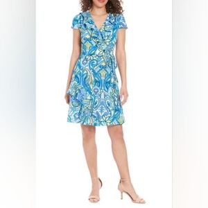 London Times Ruffle Print Side Tie Dress, 10, BLUE